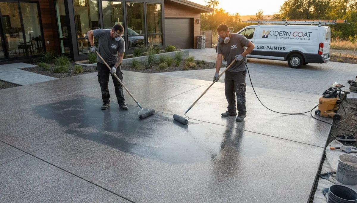 Professional concrete staining on residential patio floor in Chicago, IL by expert house painters
