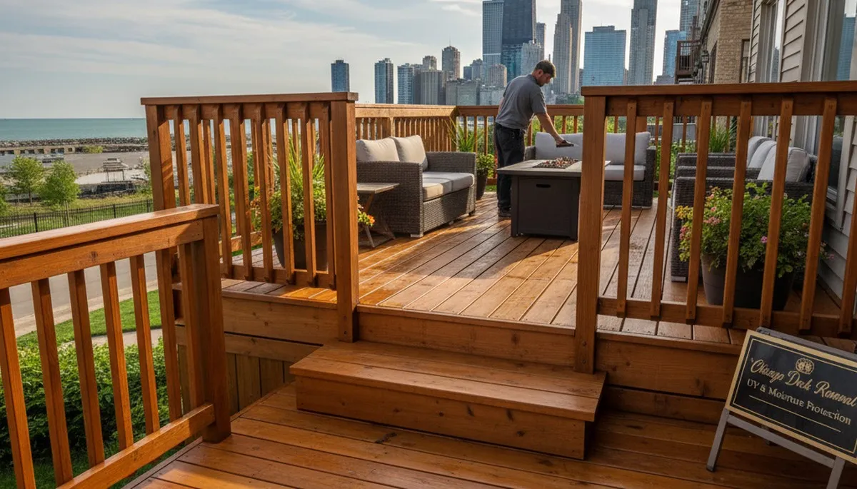 Professional deck staining in Chicago IL enhancing wood grain and protecting outdoor decks from moisture