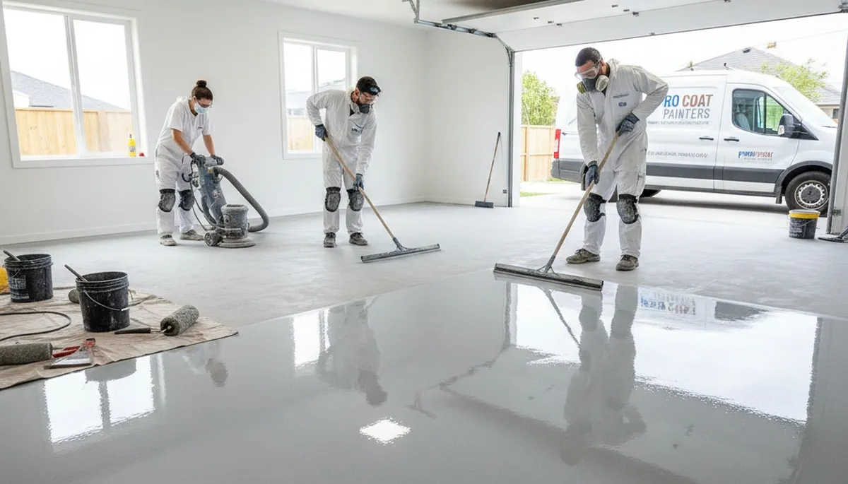 Professional epoxy floor coating in Chicago IL garage by local house painters for lasting durability