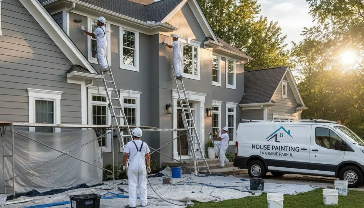 Professional house painters working on residential exterior in Chicago, IL